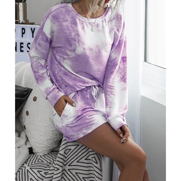 Purple Tie Dye Long Sleeves T-shirt and Shorts Sets - Picture 4 of 4